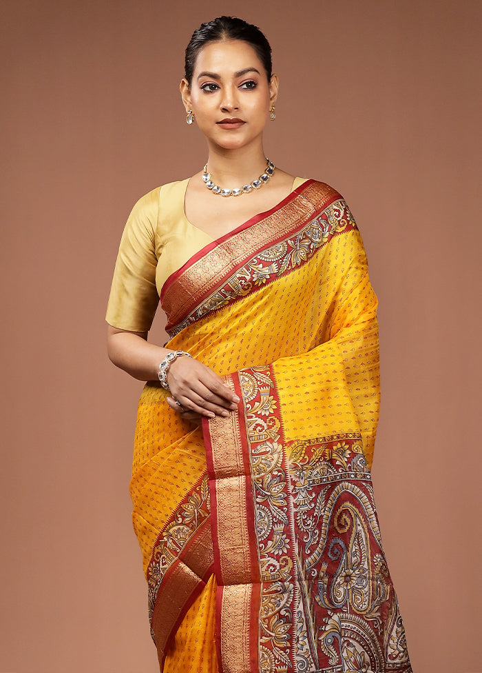 Yellow Printed Pure Silk Saree Without Blouse Piece