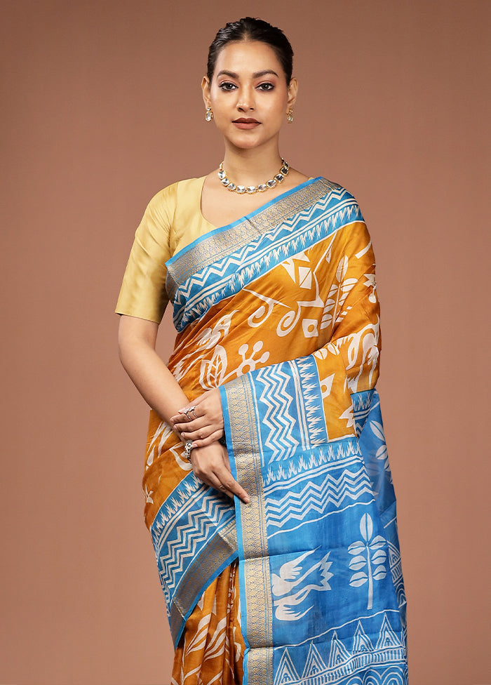Yellow Printed Pure Silk Saree Without Blouse Piece