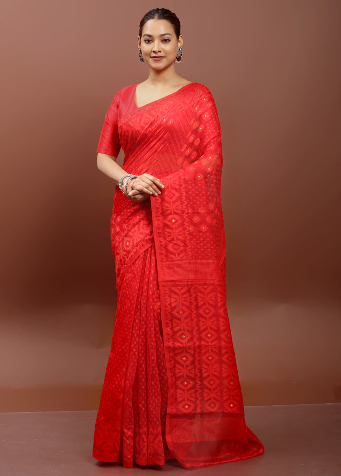 Red Tant Jamdani Saree Without Blouse Piece