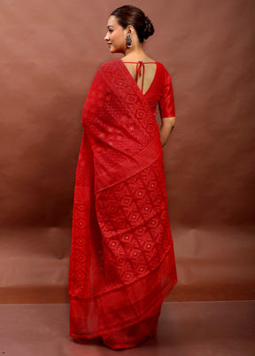 Red Tant Jamdani Saree Without Blouse Piece