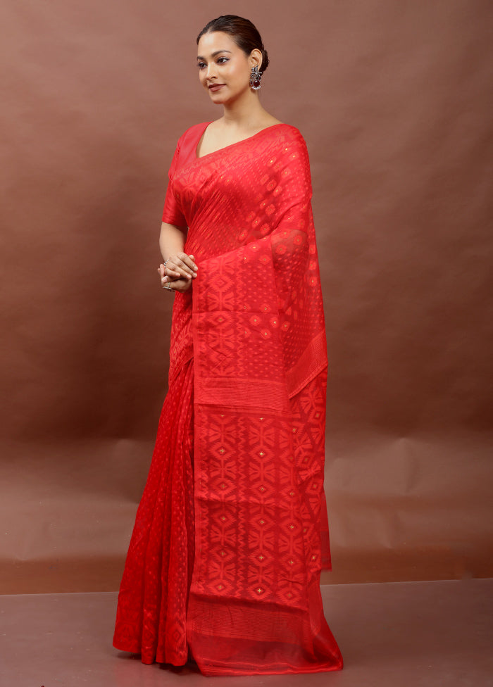 Red Tant Jamdani Saree Without Blouse Piece