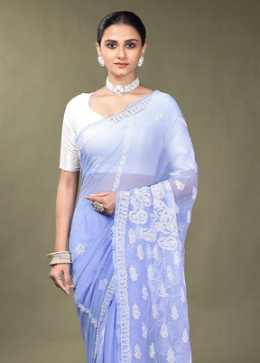 Blue Chikankari Saree With Blouse Piece