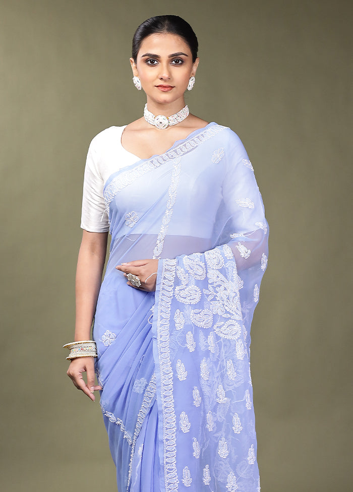 Blue Chikankari Saree With Blouse Piece