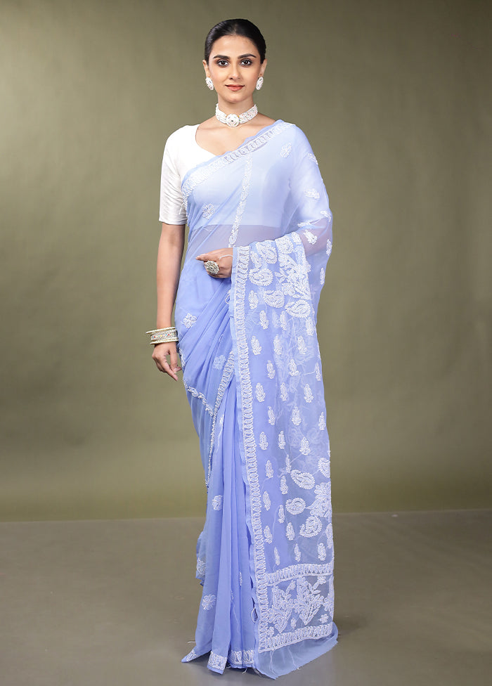 Blue Chikankari Saree With Blouse Piece