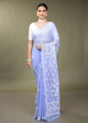 Blue Chikankari Saree With Blouse Piece