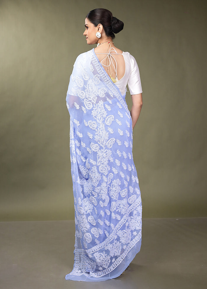 Blue Chikankari Saree With Blouse Piece