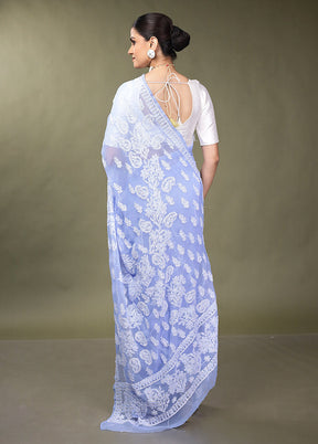 Blue Chikankari Saree With Blouse Piece