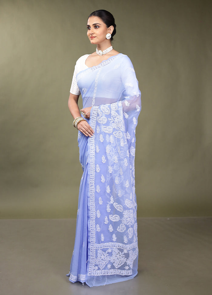Blue Chikankari Saree With Blouse Piece