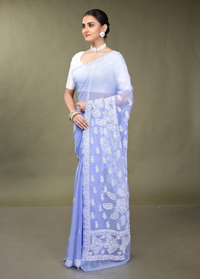 Blue Chikankari Saree With Blouse Piece