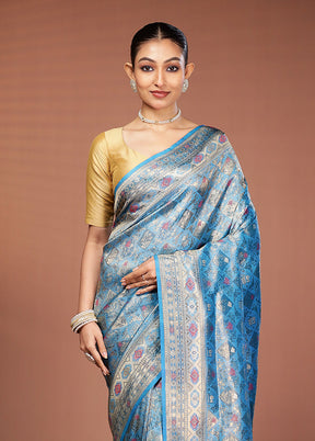 Blue Dupion Silk Saree With Blouse Piece