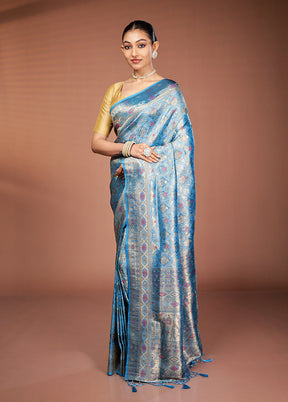 Blue Dupion Silk Saree With Blouse Piece