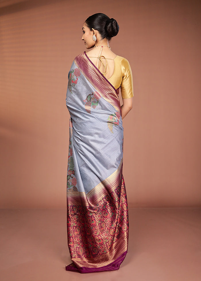 Grey Dupion Silk Saree With Blouse Piece