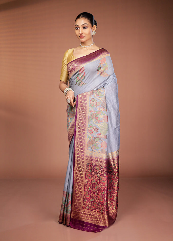 Grey Dupion Silk Saree With Blouse Piece