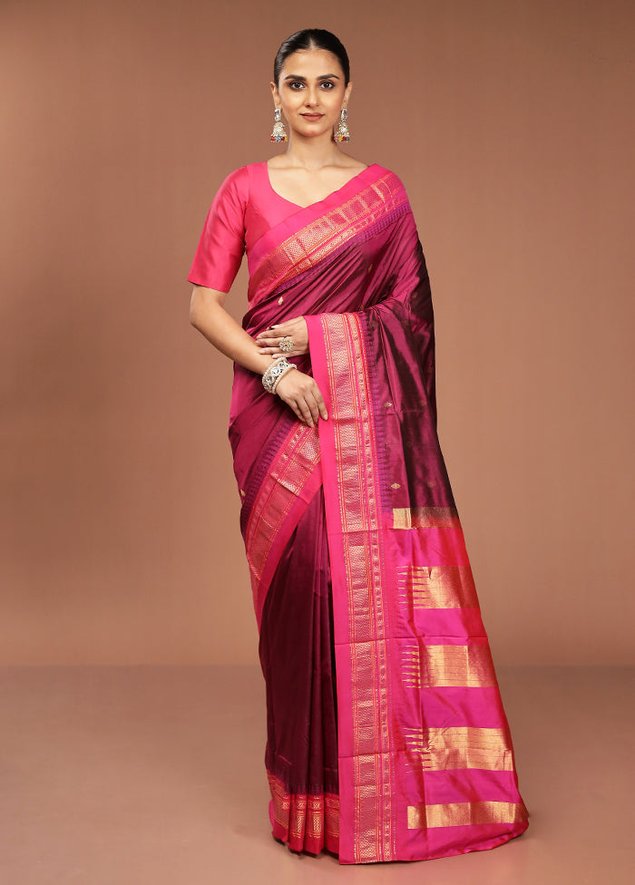 Purple Handloom Kanjivaram Pure Silk Saree With Blouse Piece