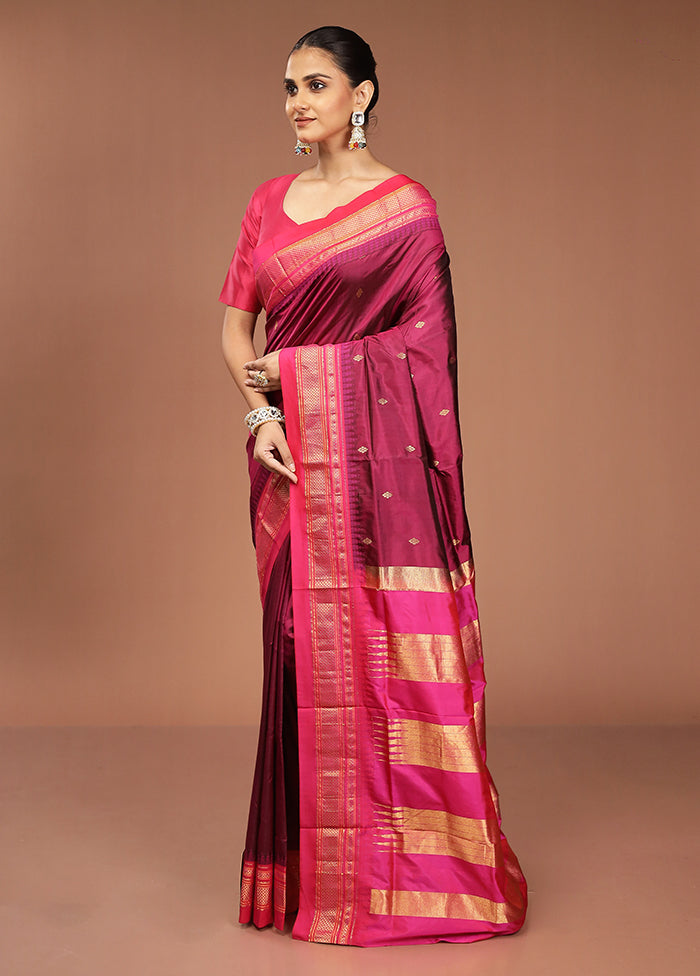Purple Handloom Kanjivaram Pure Silk Saree With Blouse Piece