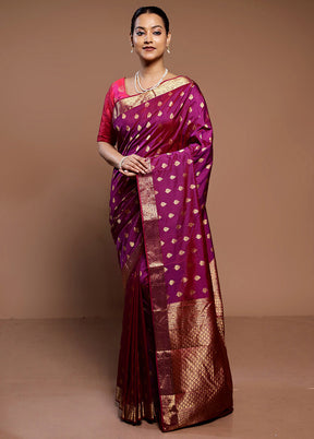 Purple Handloom Kanjivaram Pure Silk Saree With Blouse Piece