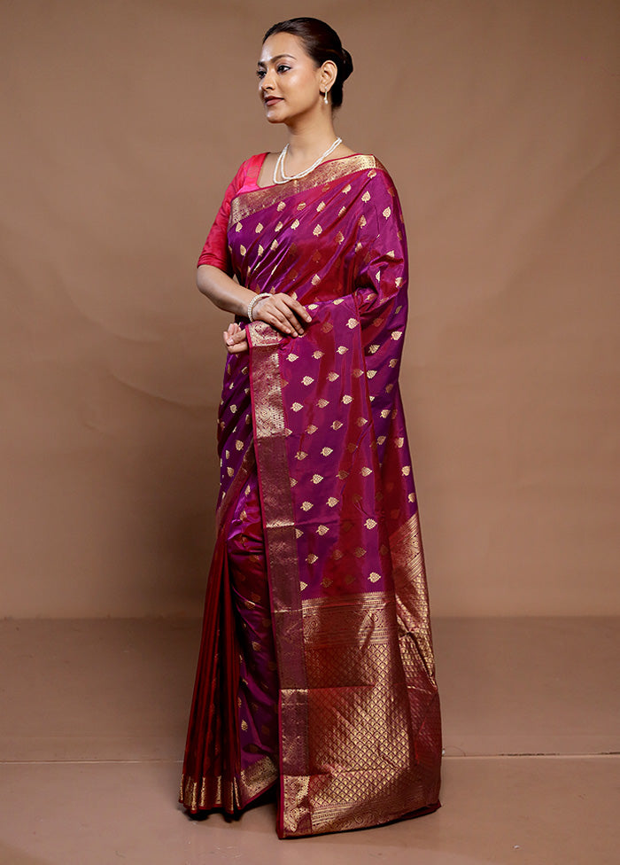 Purple Handloom Kanjivaram Pure Silk Saree With Blouse Piece