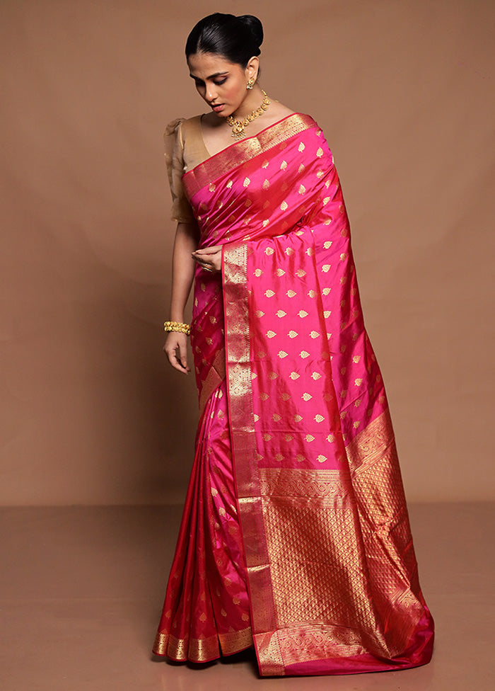 Pink Handloom Kanjivaram Pure Silk Saree With Blouse Piece