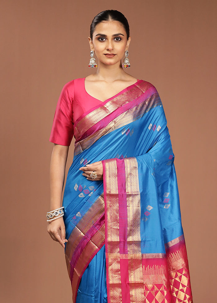 Blue Handloom Kanjivaram Pure Silk Saree With Blouse Piece
