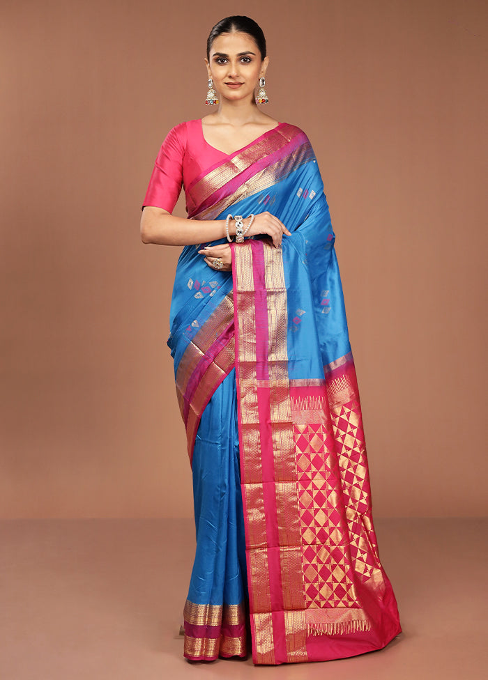 Blue Handloom Kanjivaram Pure Silk Saree With Blouse Piece