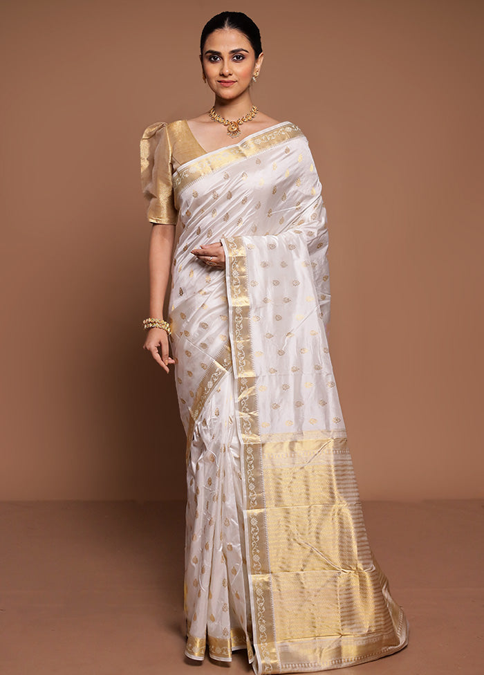 White Handloom Kanjivaram Pure Silk Saree With Blouse Piece