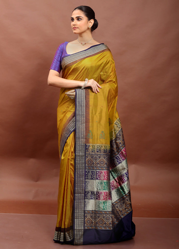 Yellow Handloom Bomkai Pure Silk Saree With Blouse Piece