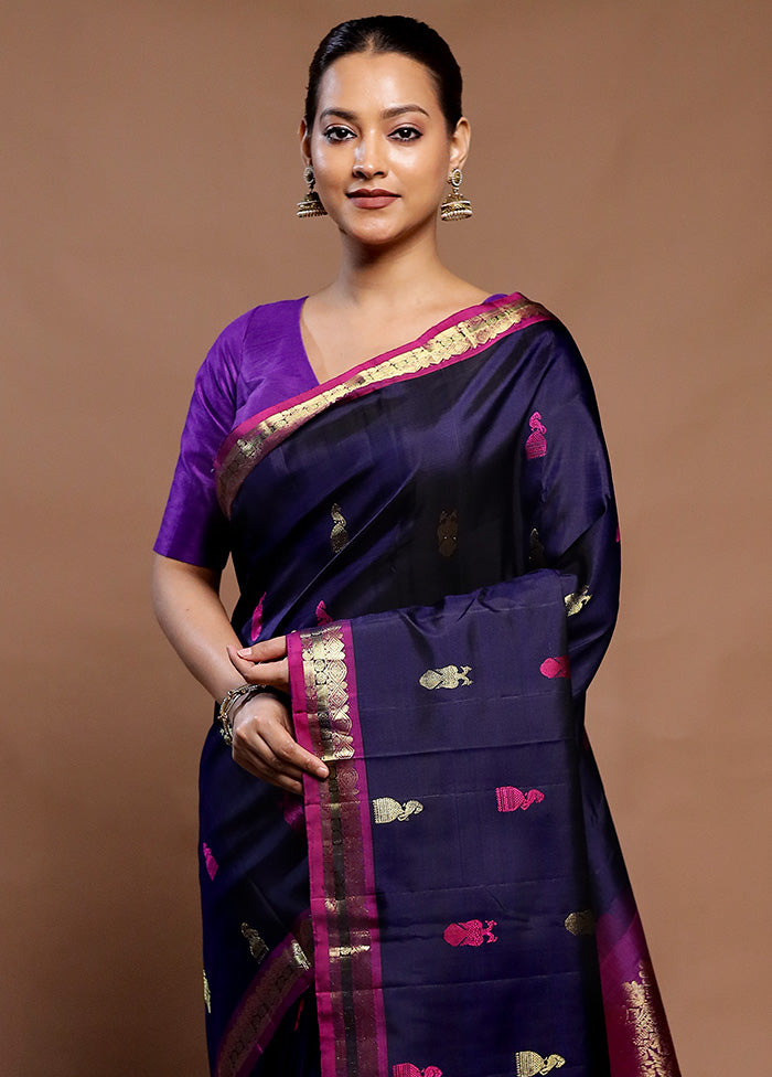 Blue Handloom Kanchipuram Pure Silk Saree With Blouse Piece