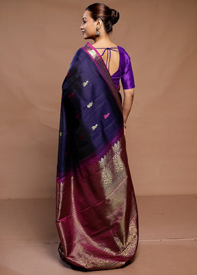 Blue Handloom Kanchipuram Pure Silk Saree With Blouse Piece