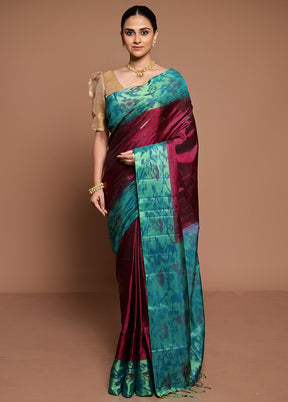 Wine Handloom Kanchipuram Pure Silk Saree With Blouse Piece