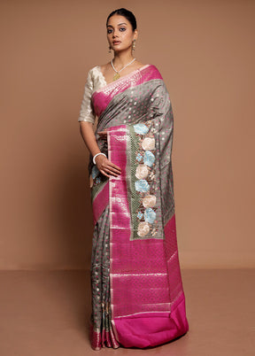 Grey Handloom Dupion Pure Silk Saree With Blouse Piece