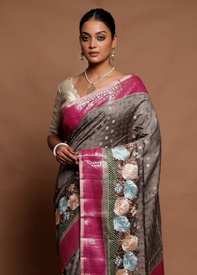 Grey Handloom Dupion Pure Silk Saree With Blouse Piece