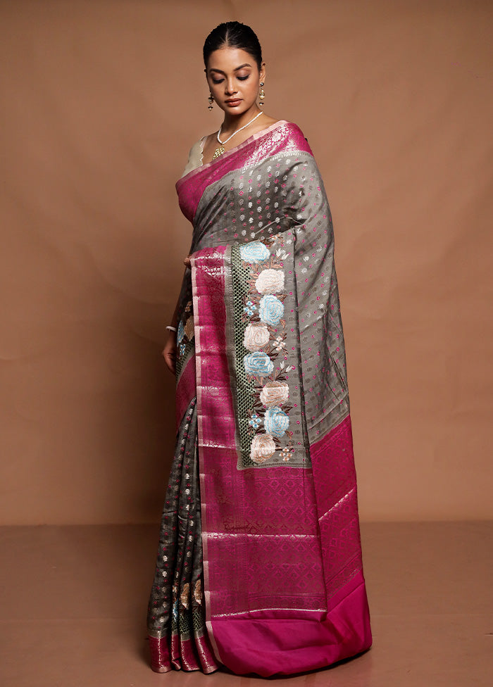 Grey Handloom Dupion Pure Silk Saree With Blouse Piece