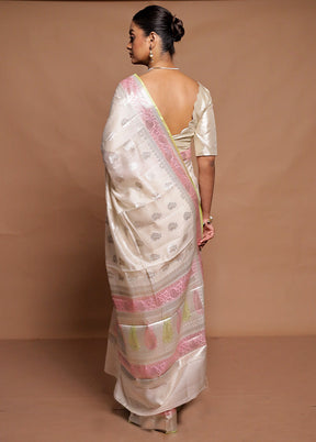 White Handloom Dupion Pure Silk Saree With Blouse Piece