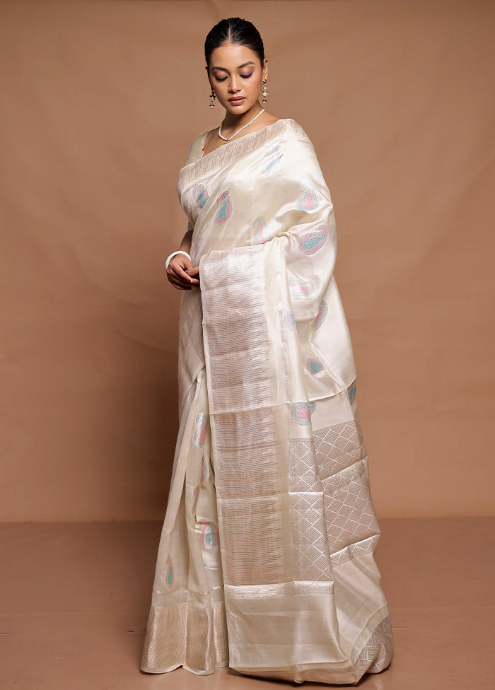 Cream Handloom Dupion Pure Silk Saree With Blouse Piece