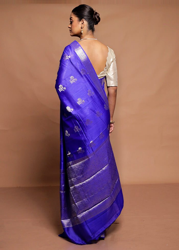 Blue Dupion Silk Saree With Blouse Piece