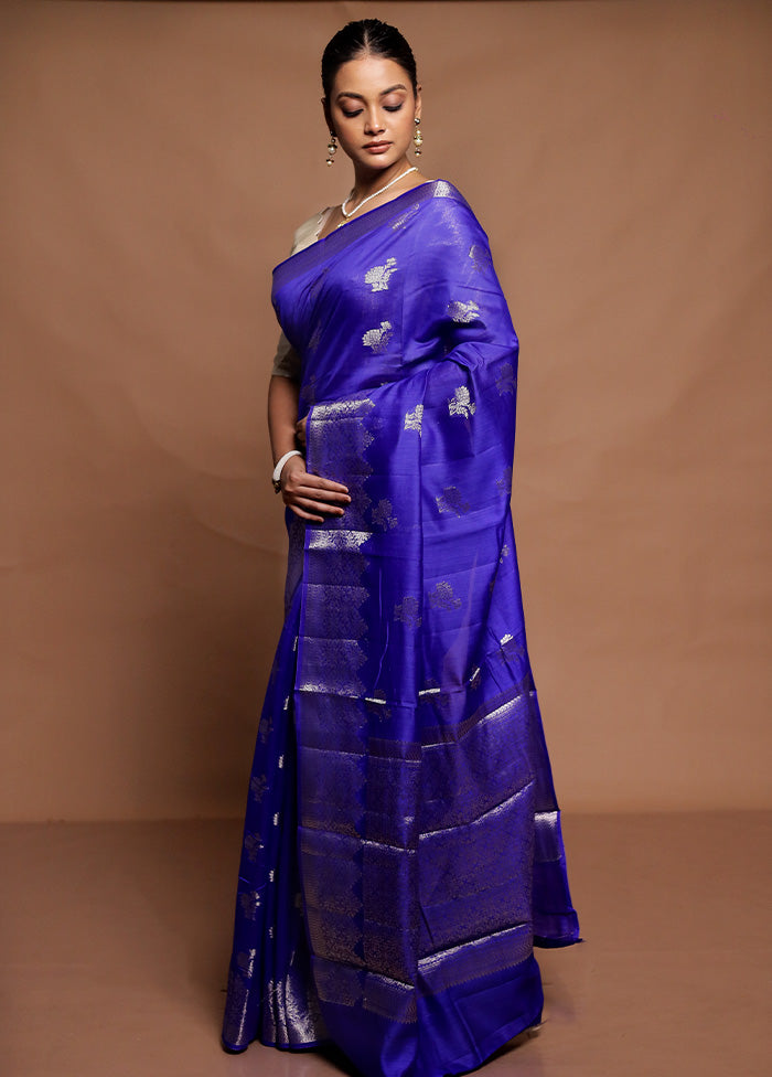 Blue Dupion Silk Saree With Blouse Piece