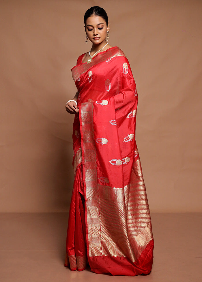 Red Dupion Silk Saree With Blouse Piece