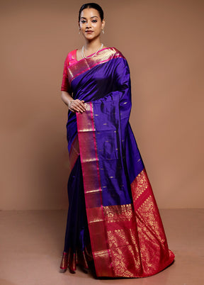 Blue Handloom Kanjivaram Pure Silk Saree With Blouse Piece