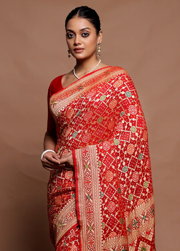 Red Pure Handloom Bandhej Saree With Blouse Piece