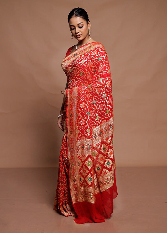 Red Pure Handloom Bandhej Saree With Blouse Piece