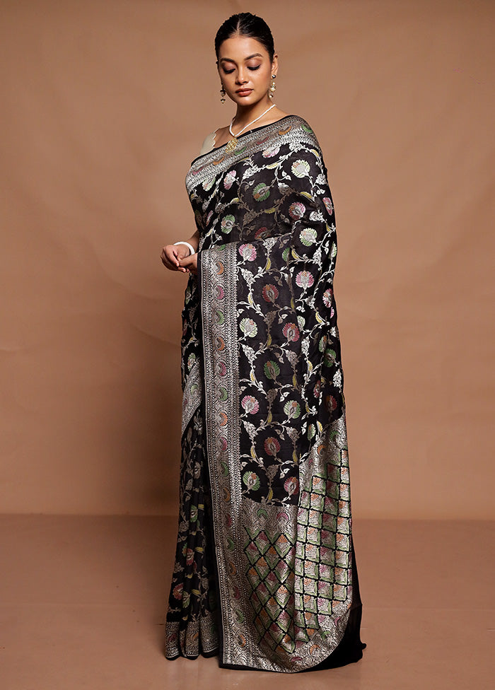 Black Handloom Pure Georgette Saree With Blouse Piece