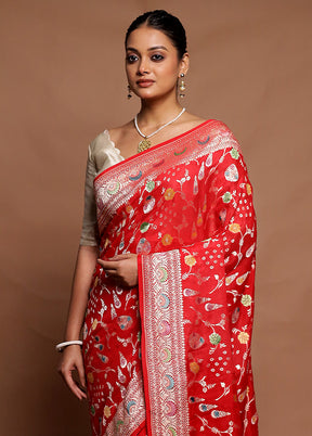 Red Handloom Pure Georgette Saree With Blouse Piece