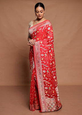 Red Handloom Pure Georgette Saree With Blouse Piece