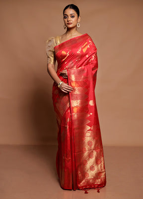 Red Dupion Silk Saree With Blouse Piece