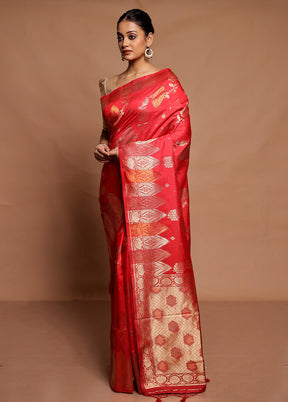 Red Dupion Silk Saree With Blouse Piece