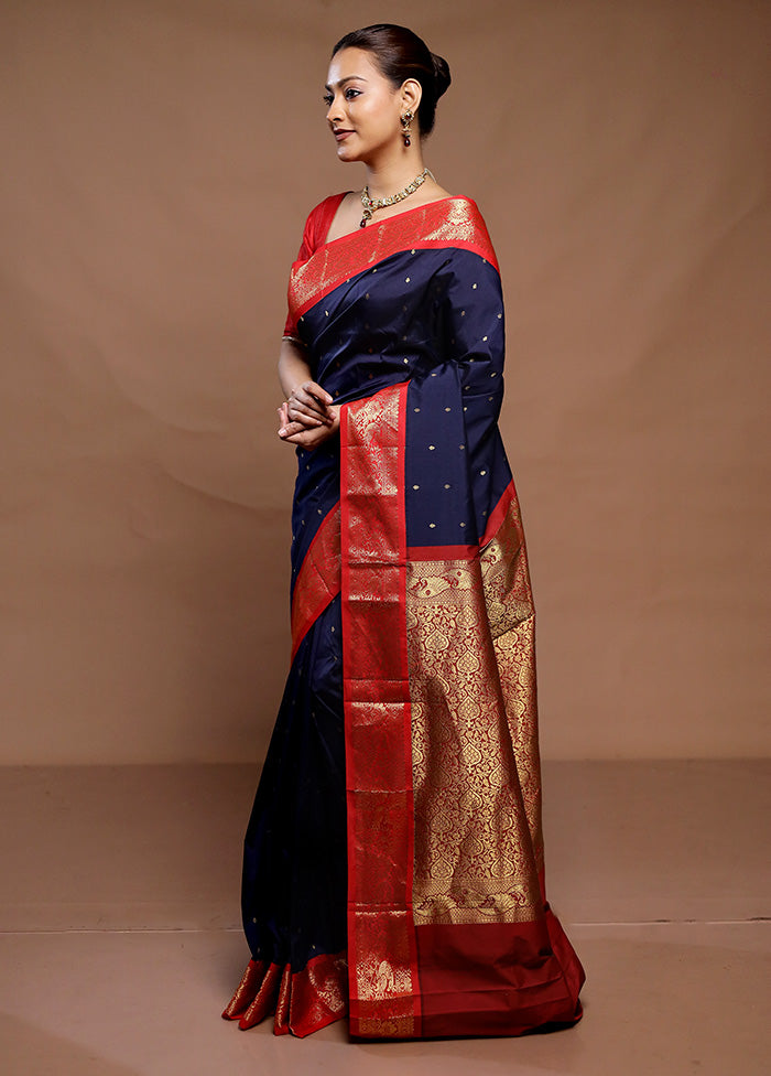 Blue Kanjivaram Silk Saree With Blouse Piece