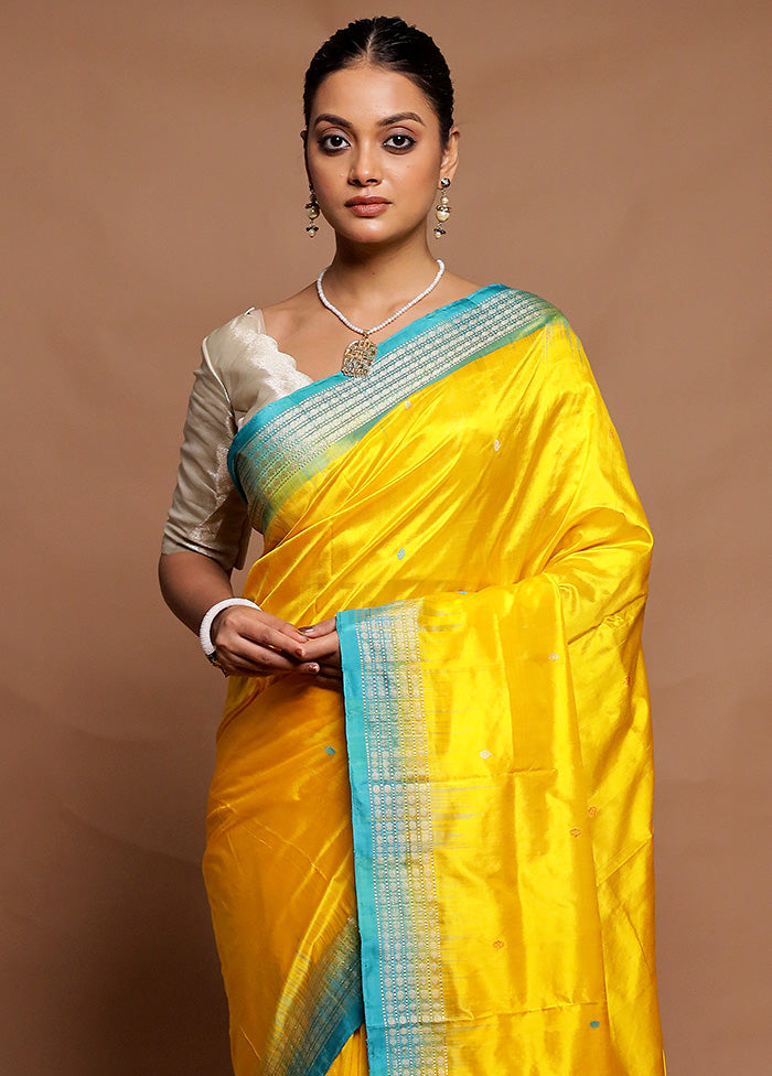 Yellow Handloom Bomkai Pure Silk Saree With Blouse Piece