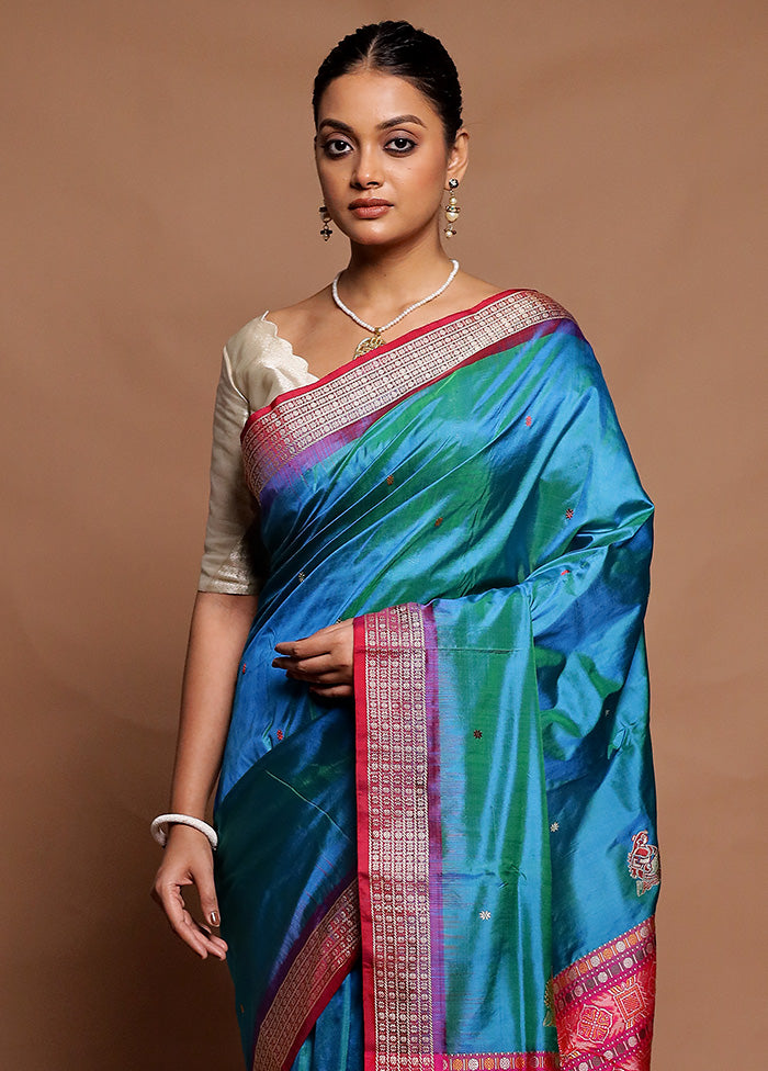 Blue Handloom Bomkai Pure Silk Saree With Blouse Piece