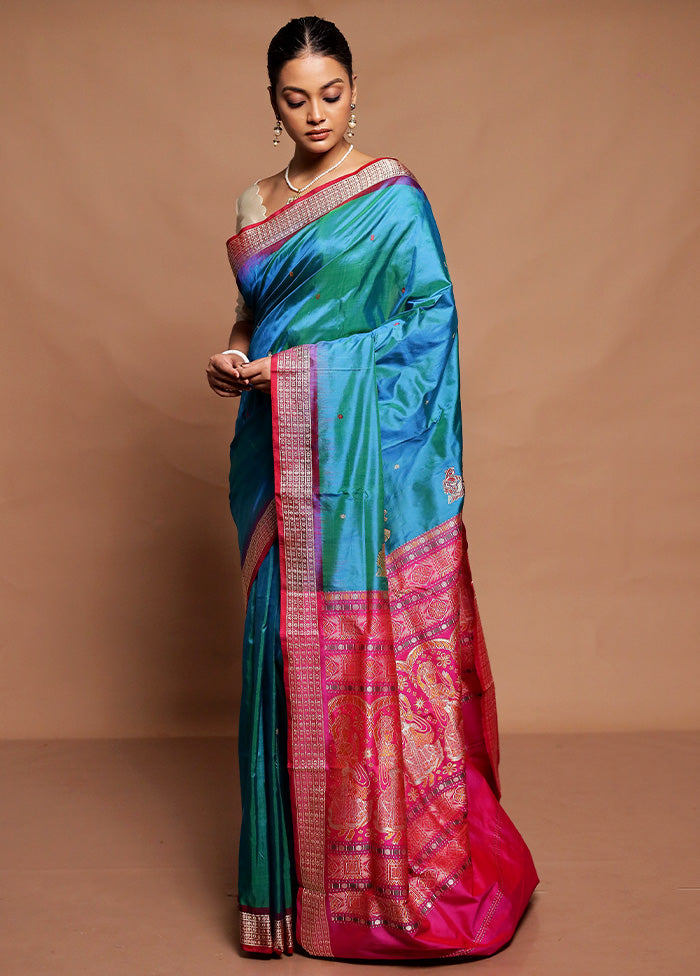 Blue Handloom Bomkai Pure Silk Saree With Blouse Piece