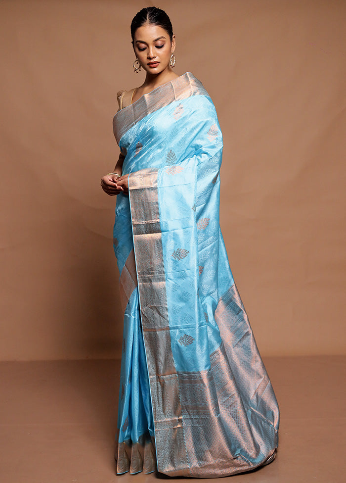 Blue Handloom Kanchipuram Pure Silk Saree With Blouse Piece